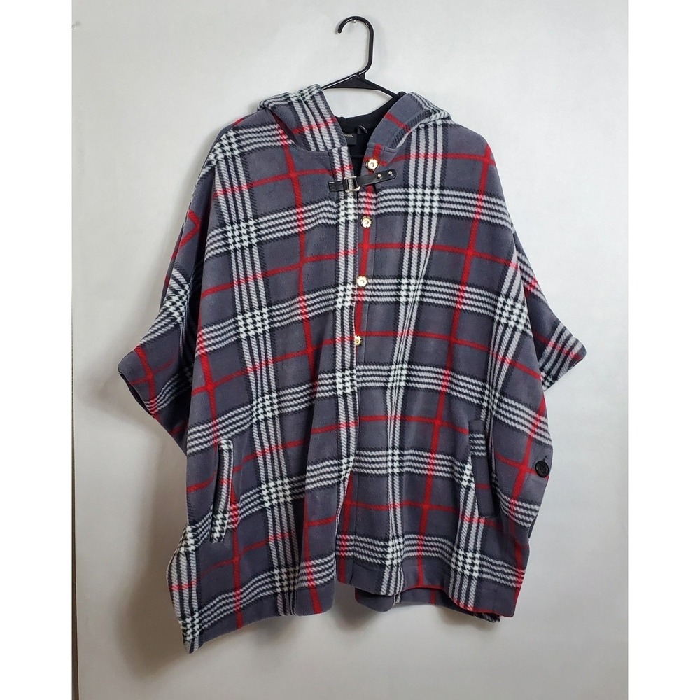 WEATHERPROOF Plaid Fleece Hooded Poncho Cape O/S White Red Black Gray Jacket